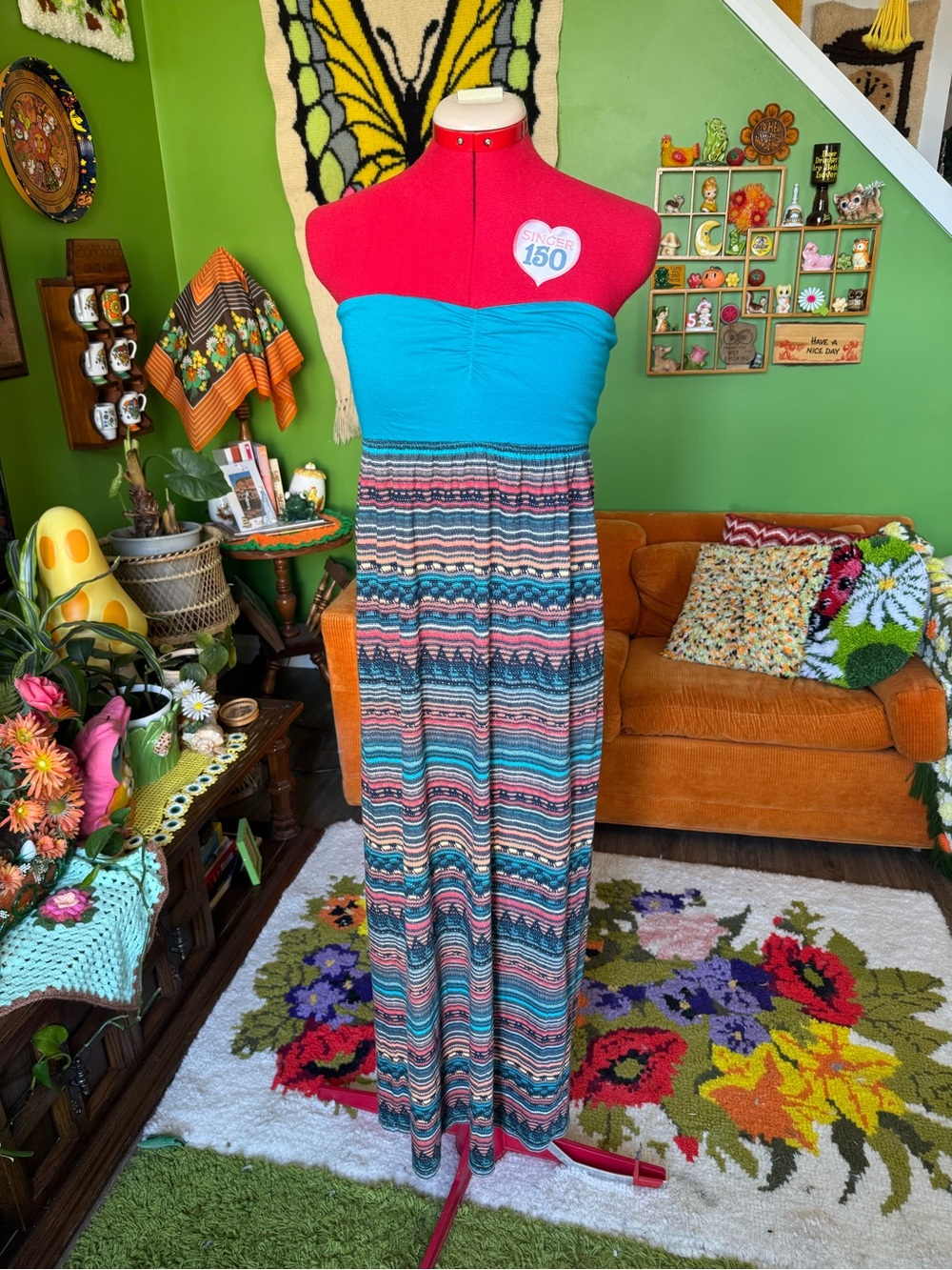 Roxy Strapless Teal & Multicolor Stripe Maxi Dress